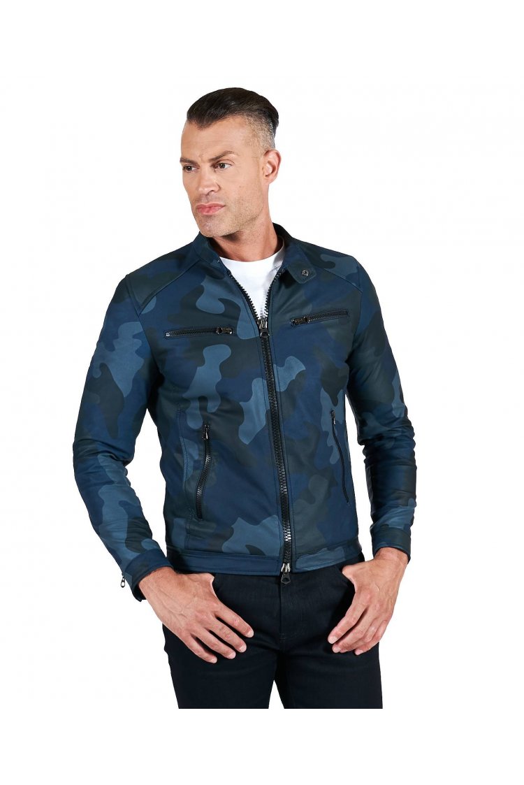 Giacca in pelle mimetica blu effetto liscio