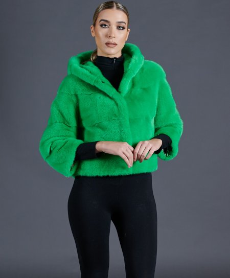 Giacca in pelliccia di visone con cappuccio • colore verde
