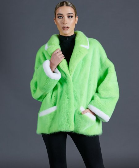 Giacca in pelliccia di visone con profili bianchi • colore verde fluo