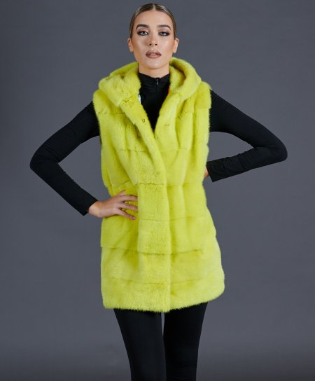 OK -Cappotto in pelliccia di visone smanicato con cappuccio • colore giallo