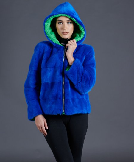 Giacca reversibile in pelliccia di visone con cappuccio • colore blu elettrico