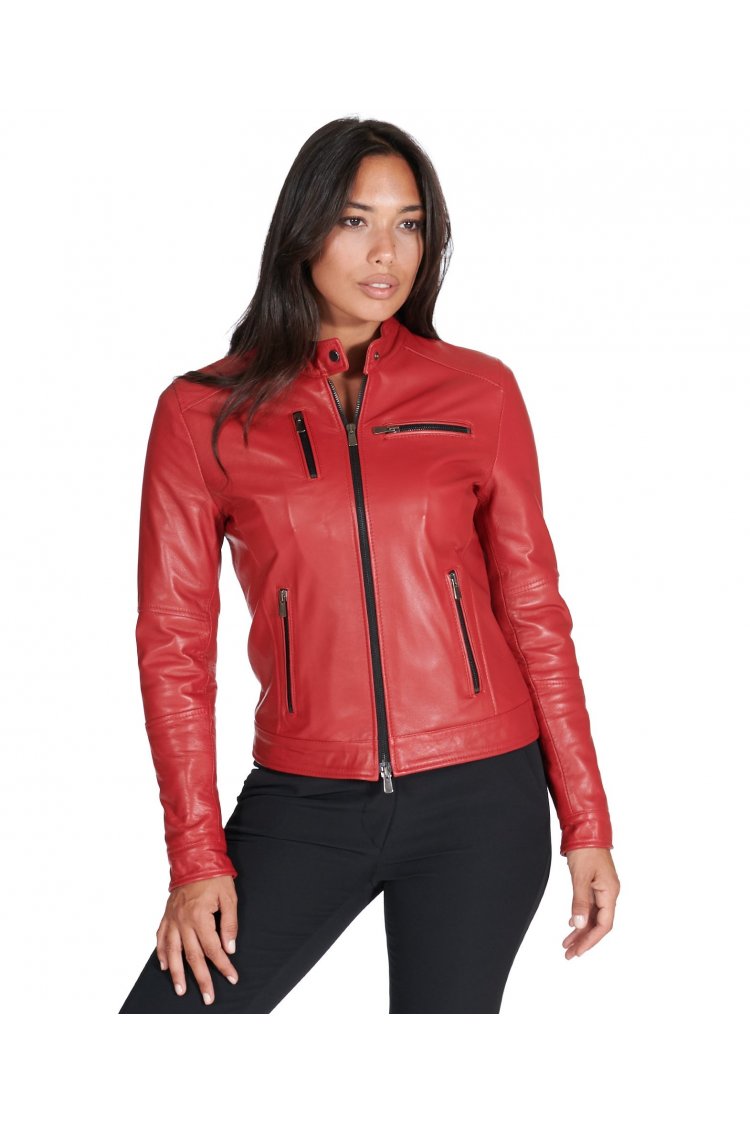 Giacca biker in pelle rossa nappa effetto liscio