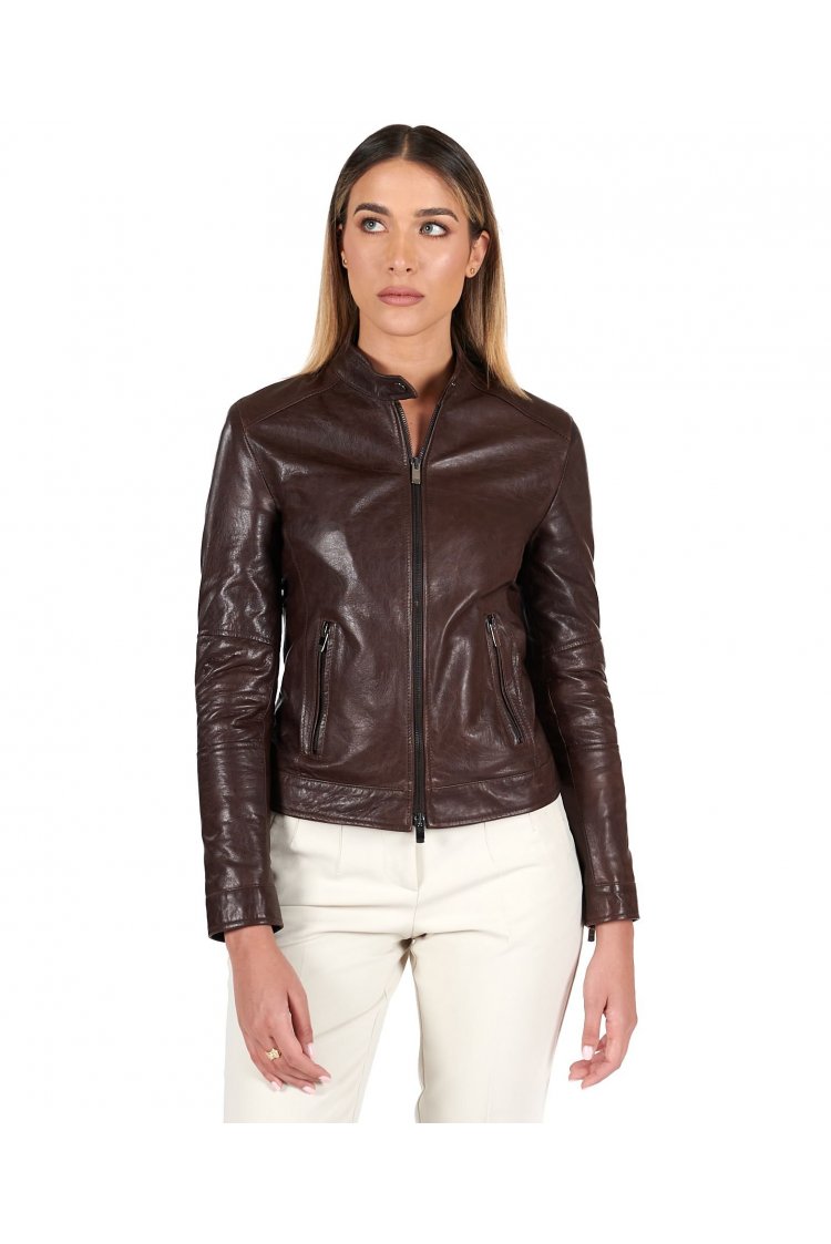 Giacca biker in pelle testa di moro effetto vintage