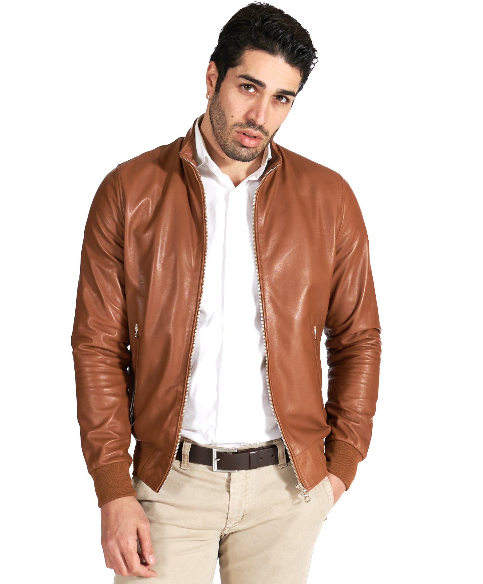 Tan natural lamb leather bomber jacket smooth aspect