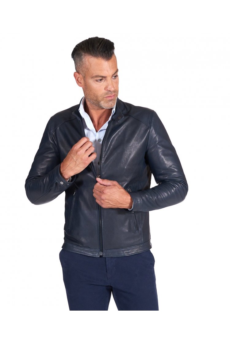 Giacca in pelle blu collo...