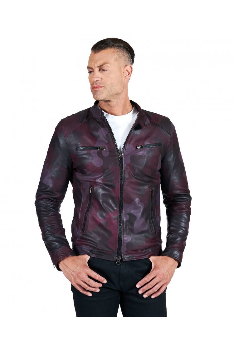 Giacca in pelle militare bordeaux effetto liscio