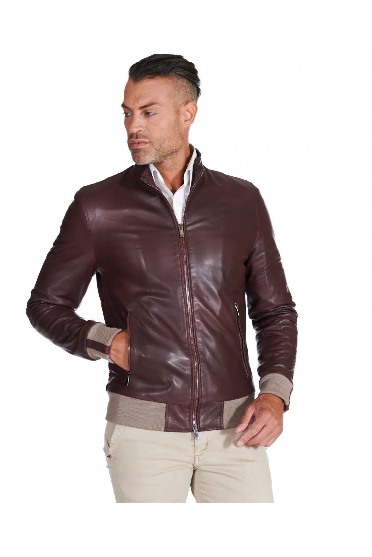 Giubbotto bomber in pelle naturale bordeaux lana a contrasto beige