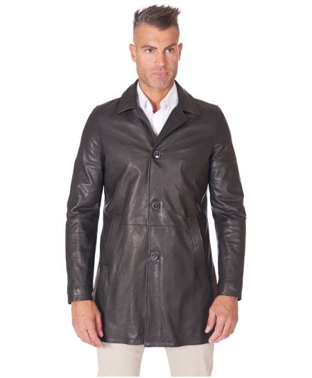 Cappotto in pelle nera nappa effetto liscio collo giacca