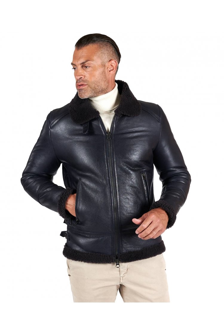 Montone blu Shearling biker uomo collo camicia con fibbia