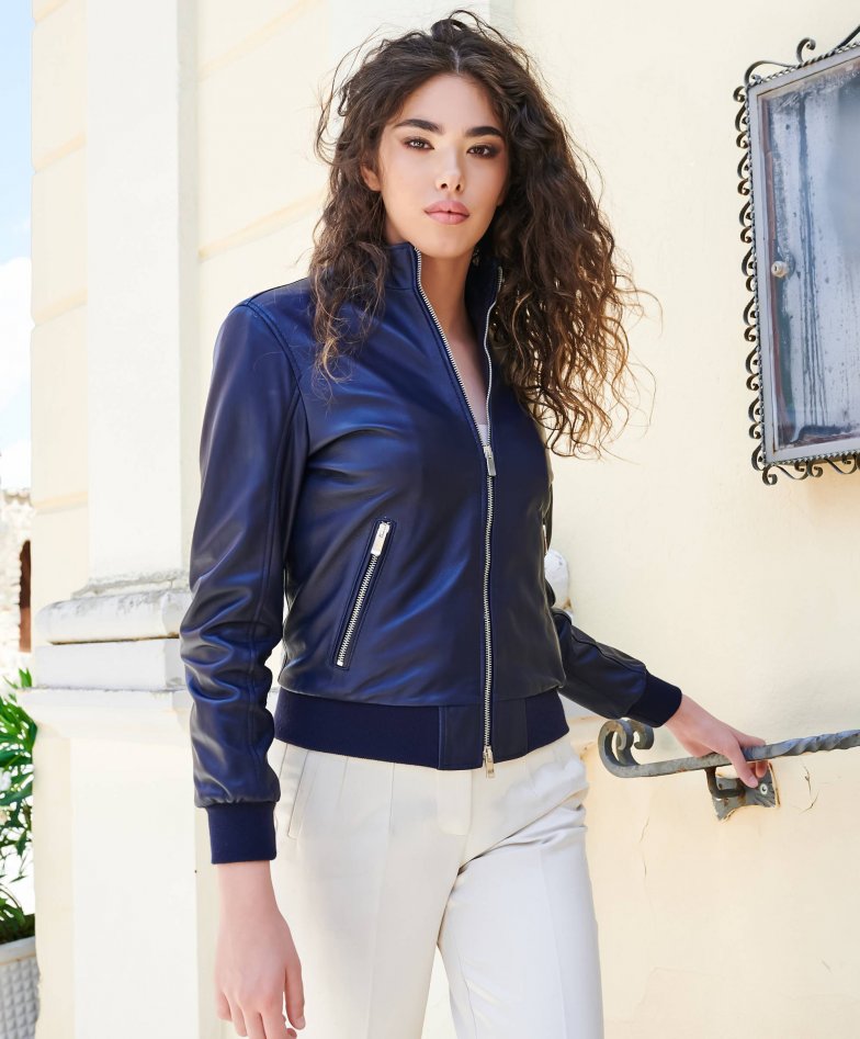 Bomber Blu in pelle da Donna D Arienzo