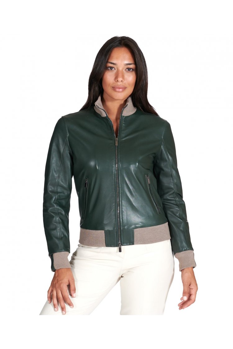 Bomber in pelle naturale verde collo in lana merino