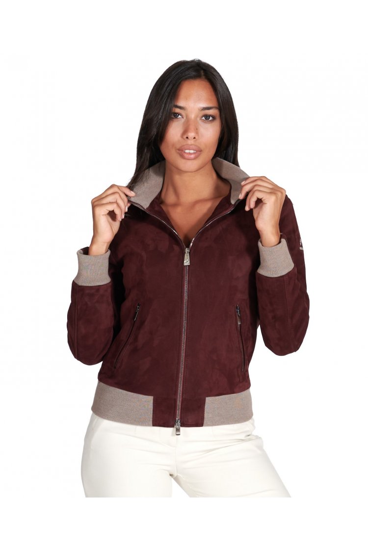 Bomber in pelle scamosciata bordeaux collo in lana merino