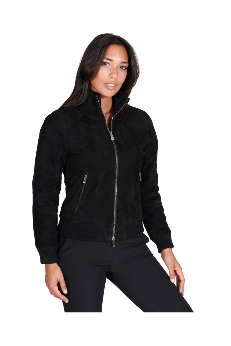 Bomber in pelle scamosciata nera collo in lana merino