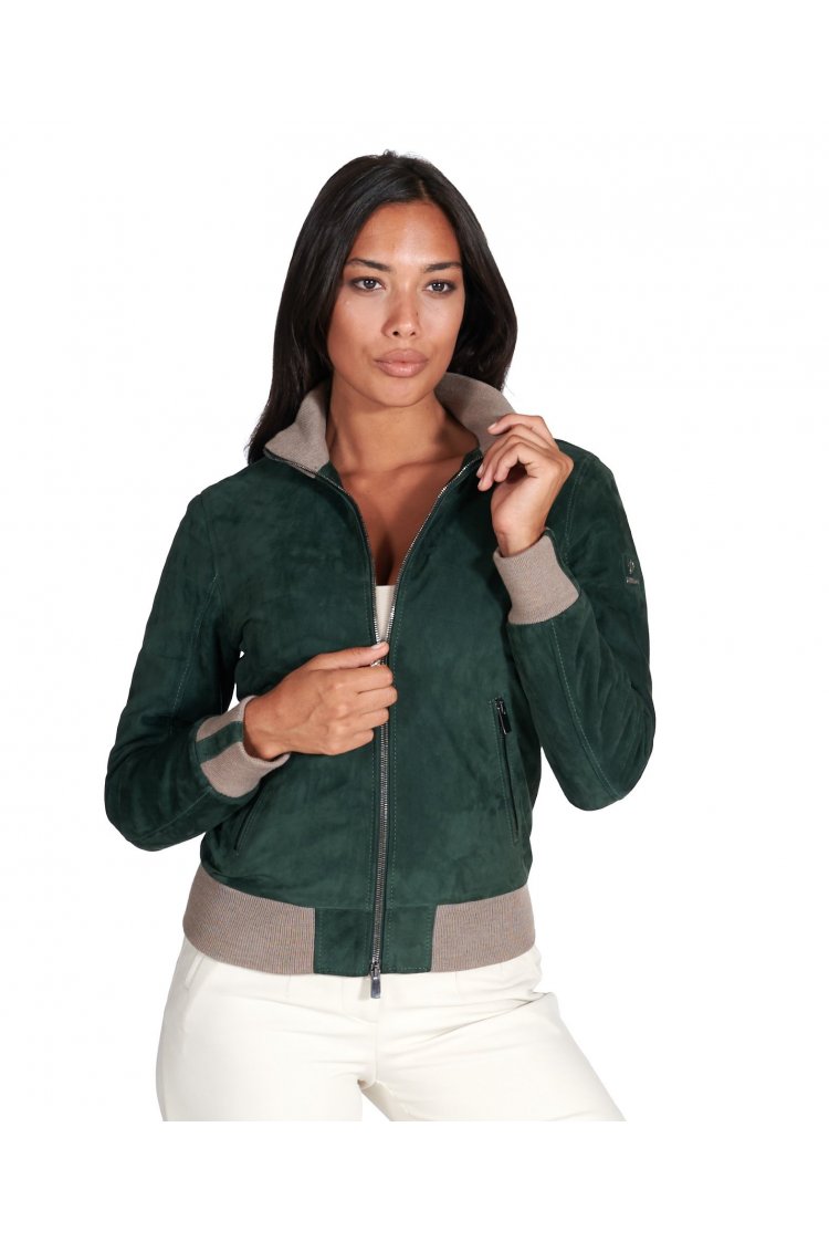 Bomber in pelle scamosciata verde collo in lana merino