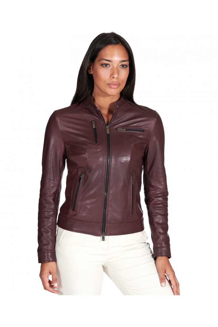 Giacca biker in pelle naturale bordeaux effetto liscio