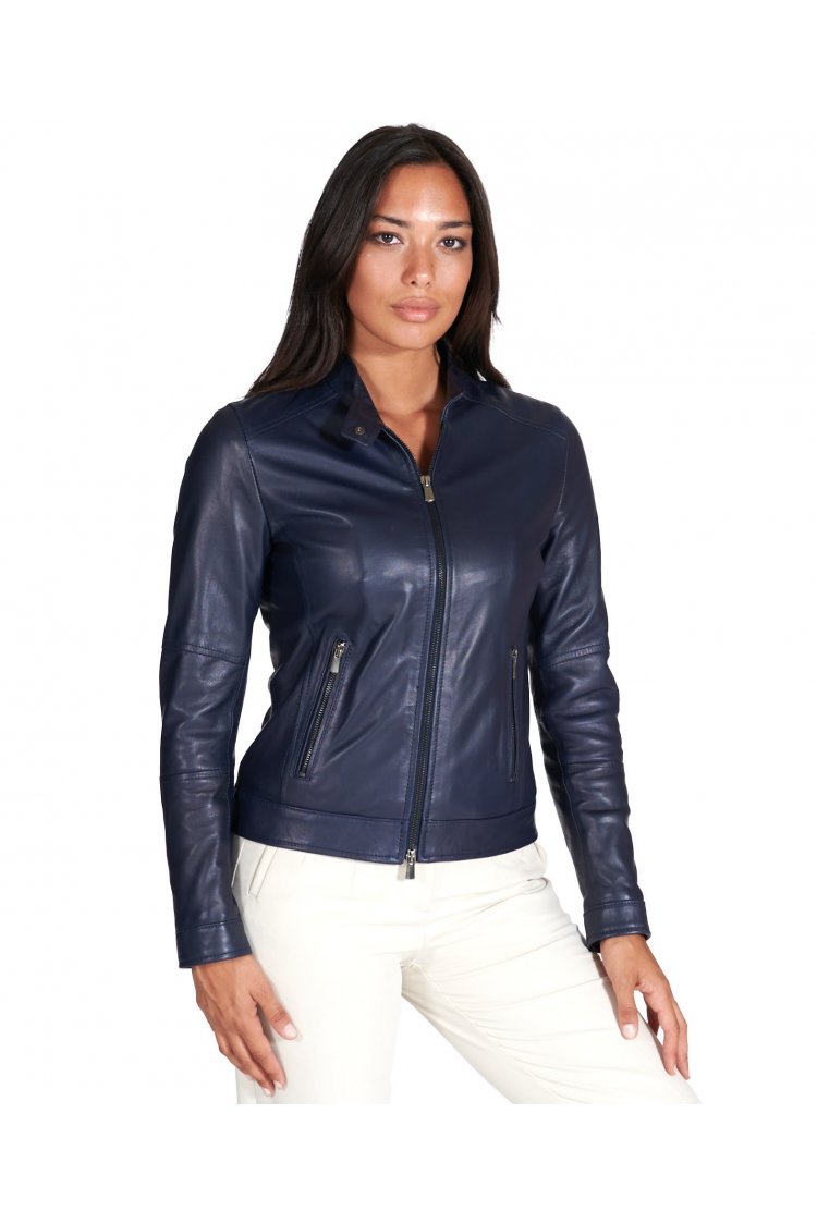 Giacca biker in pelle naturale blu effetto liscio