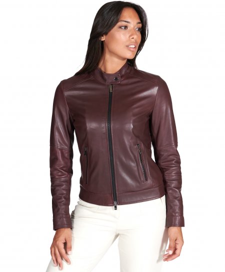 Giacca biker in pelle naturale bordeaux effetto liscio