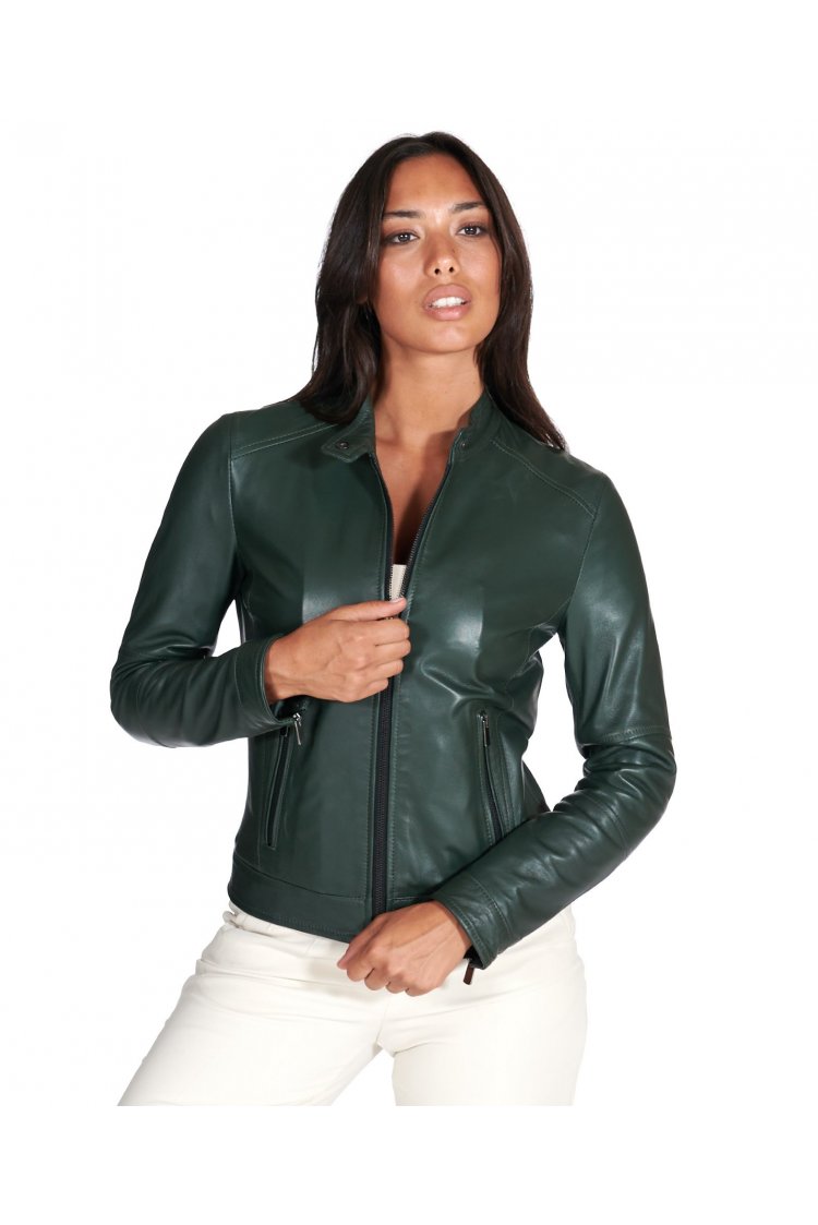 Giacca biker in pelle naturale verde effetto liscio