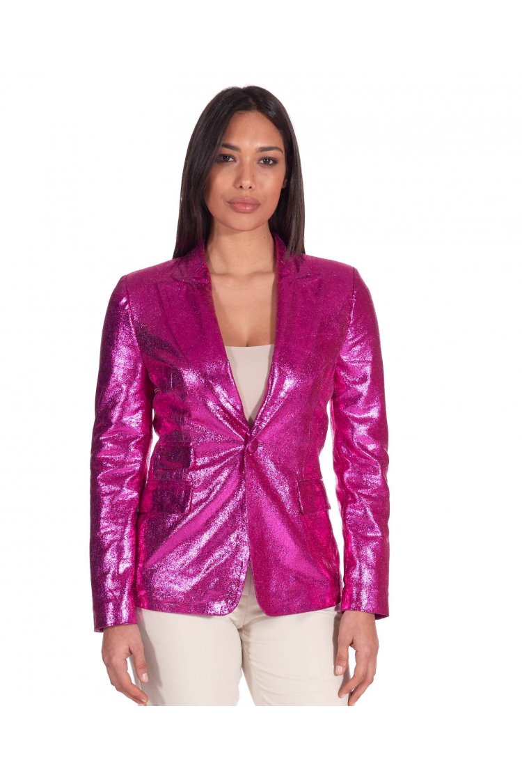 Giacca blazer in pelle laminata viola un bottone effetto liscio