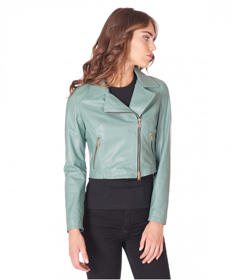 Chiodo corto Verde acqua in Pelle da Donna D Arienzo