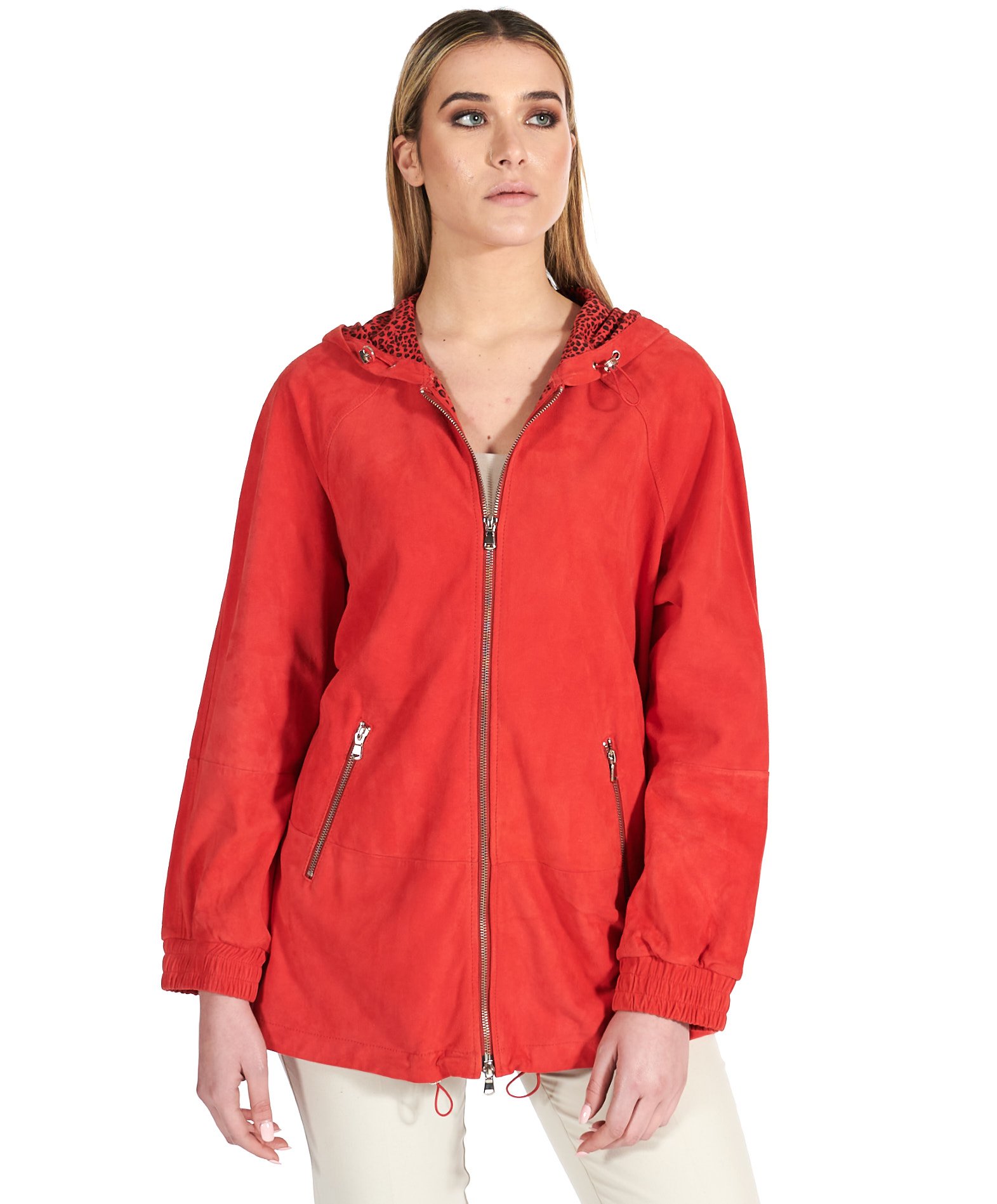 Red hooded suede leather jacket k-way style