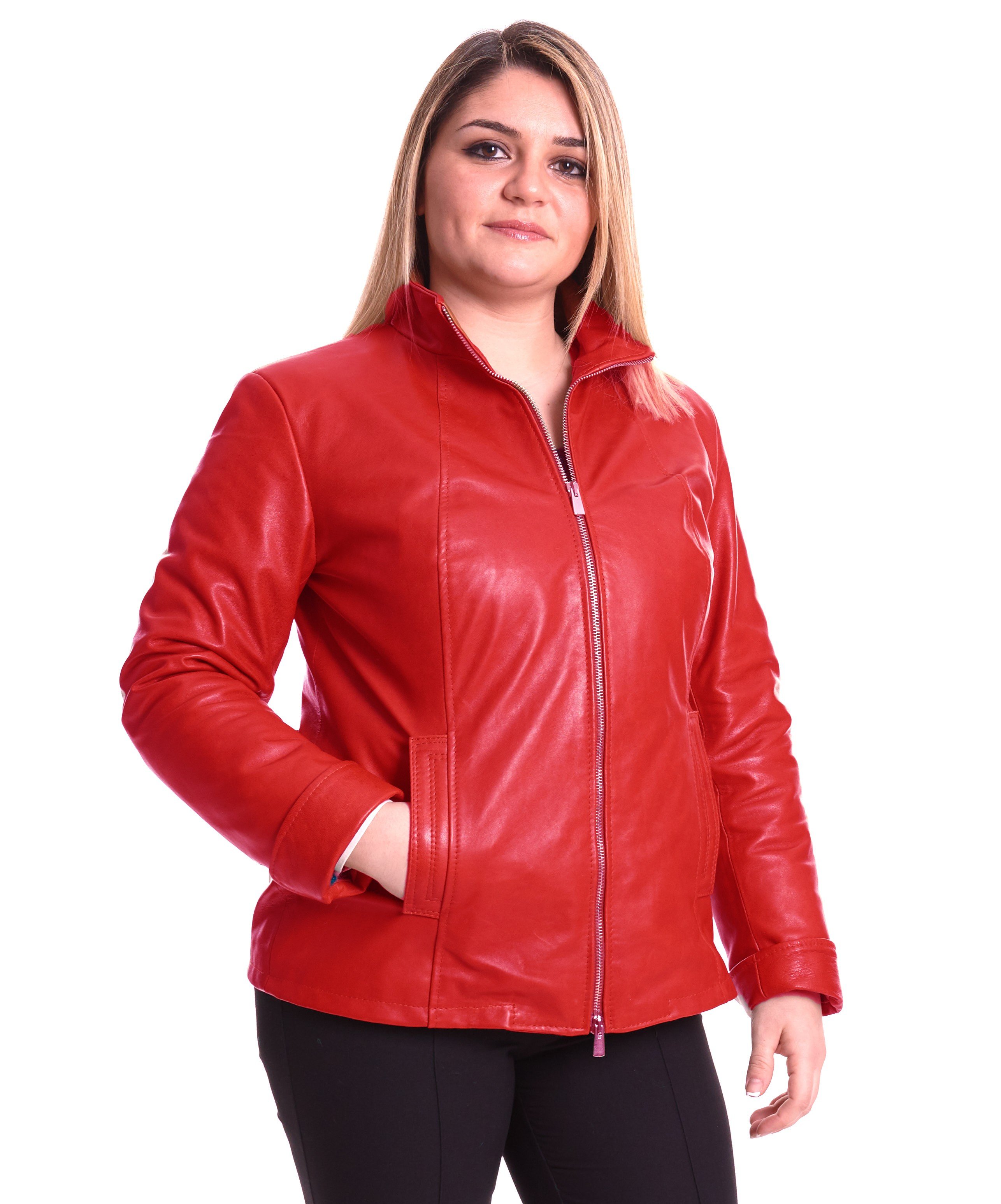 Red nappa lamb leather jacket high collar comfort fit