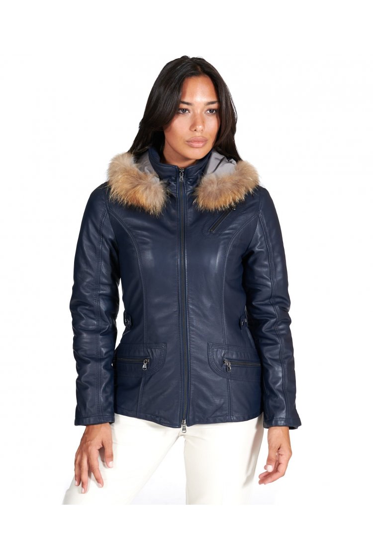 Parka in pelle blu con...