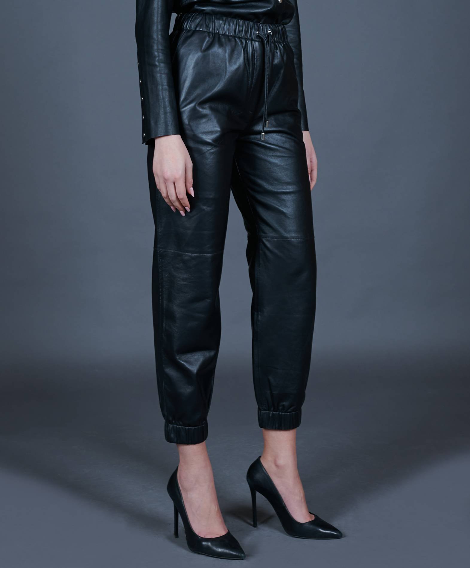 Black leather trousers joggers unlined pant product