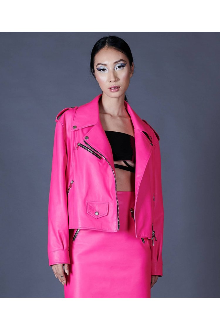 Chiodo oversize in pelle fuxia versione corta