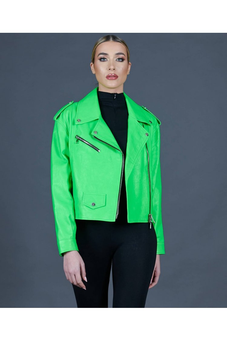 Chiodo oversize in pelle verde fluo versione corta