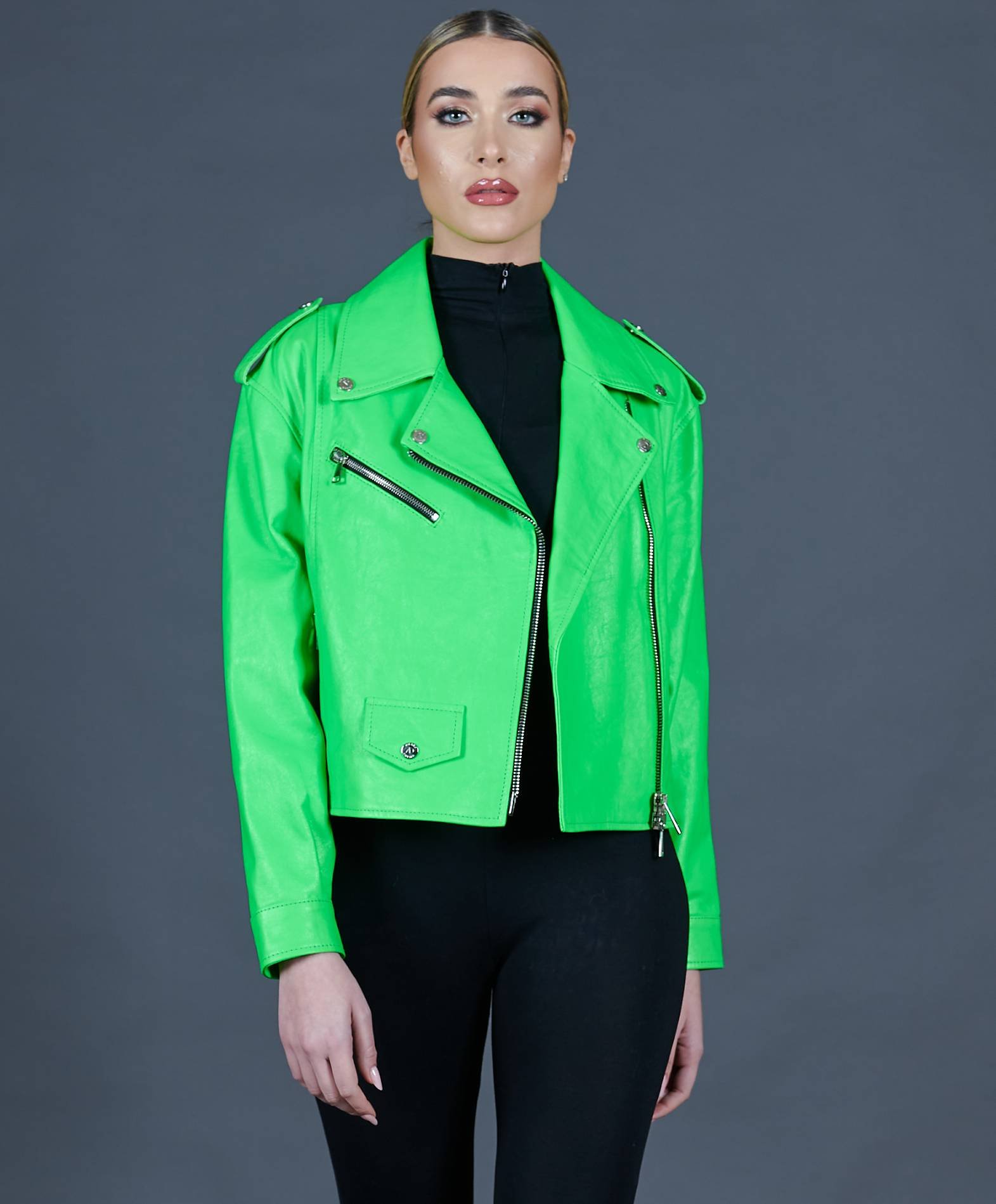 Green fluo leather biker jacket short version product