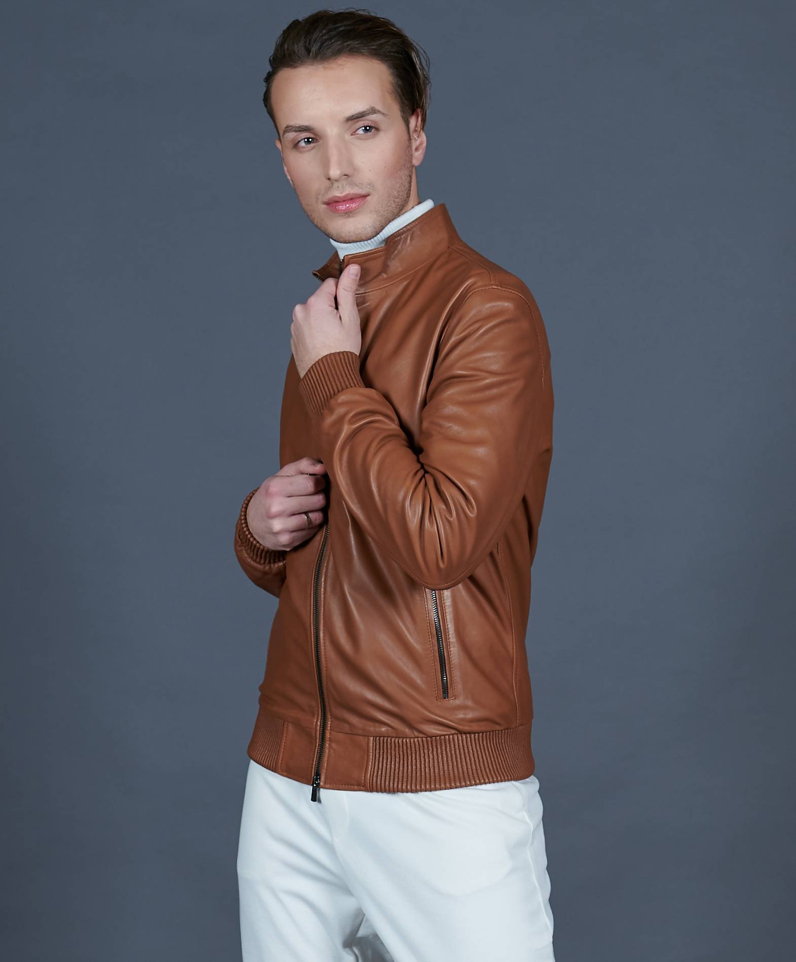 Bomber jacket in tan leather with canne embroidery