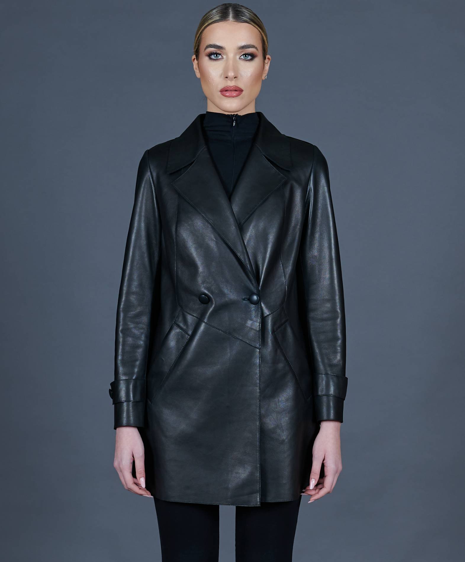 Black lamb leather coat buttoned double-breasted product