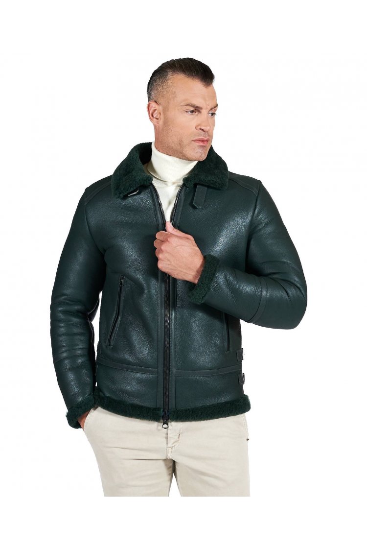 Montone Shearling verde biker uomo collo camicia con fibbia