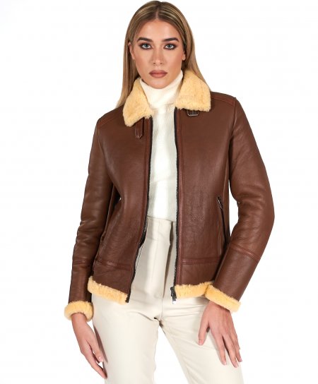 Montone shearling cuoio con fibbie e cerniera centrale