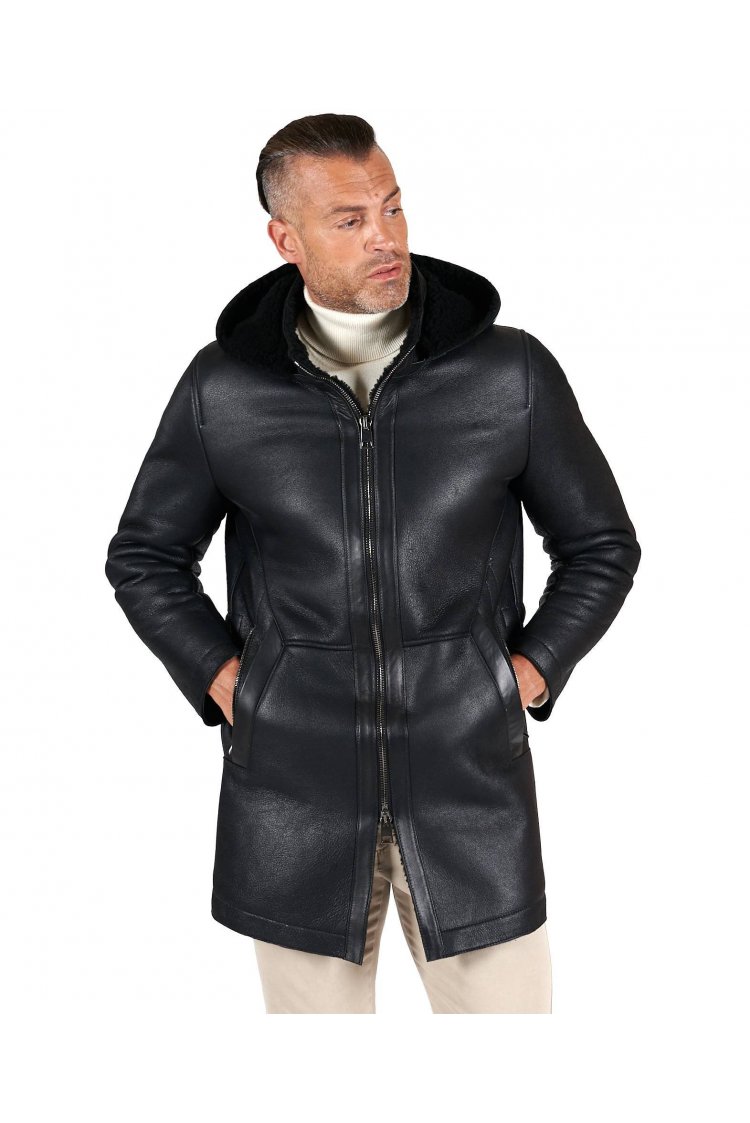 Cappotto montone nero Shearling uomo cappuccio staccabile