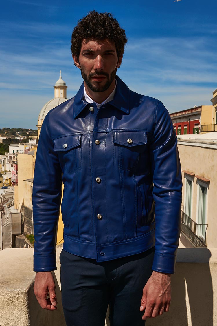Giacca pelle blu uomo